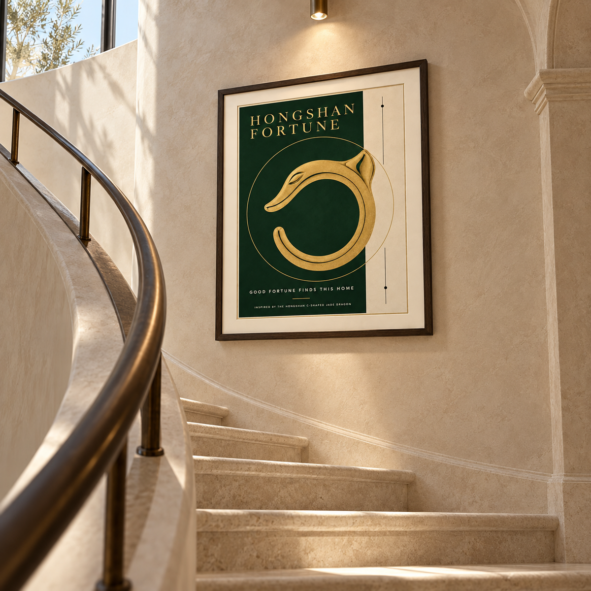 HONGSHAN FORTUNE framed artwork — curved staircase angle