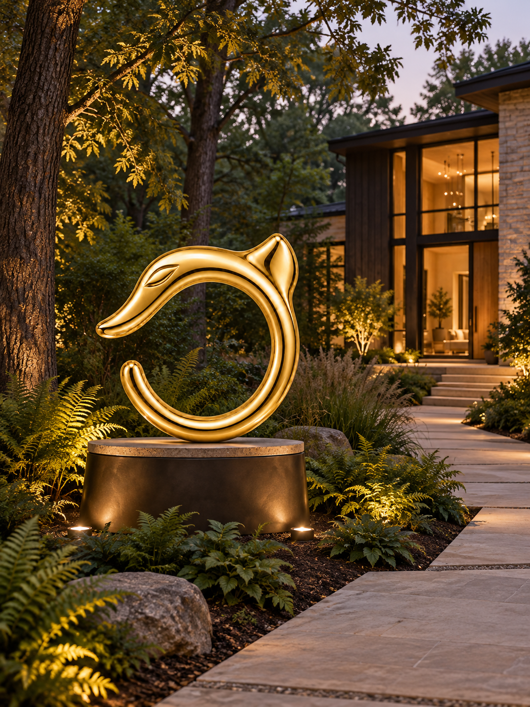 Gold VESPERON guardian sculpture along a garden path