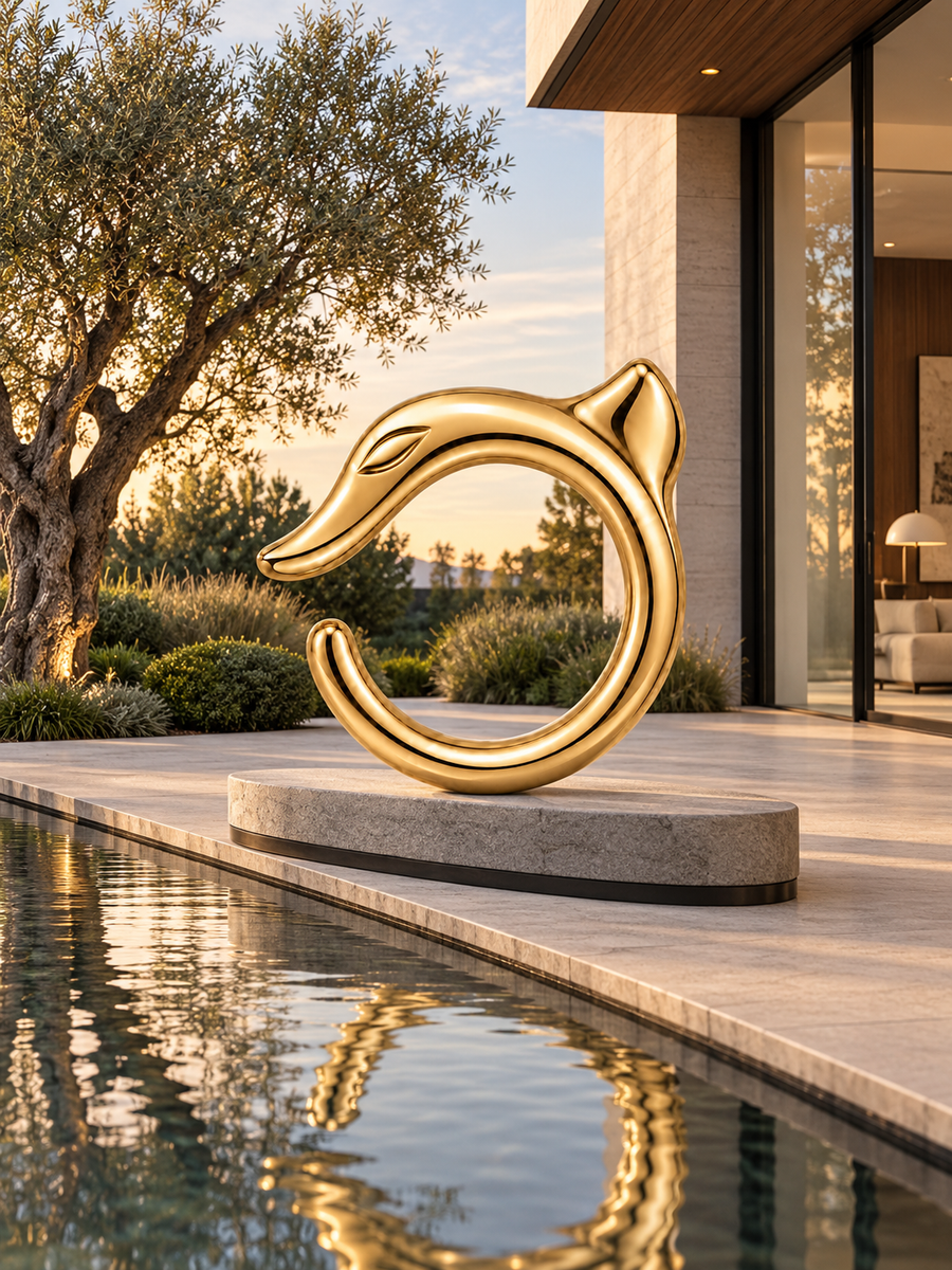 Gold VESPERON guardian sculpture beside a reflecting pool