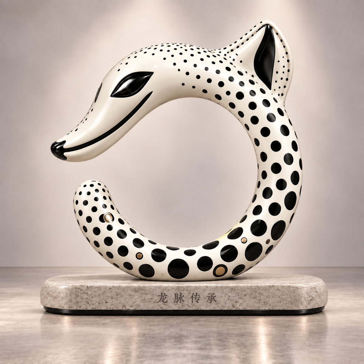 Ivory and black dotted HONGSHAN C-dragon sculpture on a light display base
