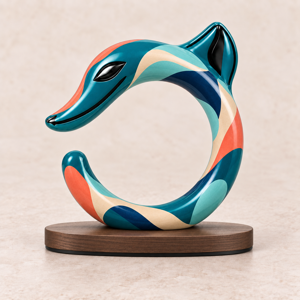 Teal coral and navy HONGSHAN C-dragon sculpture on a wood-toned base