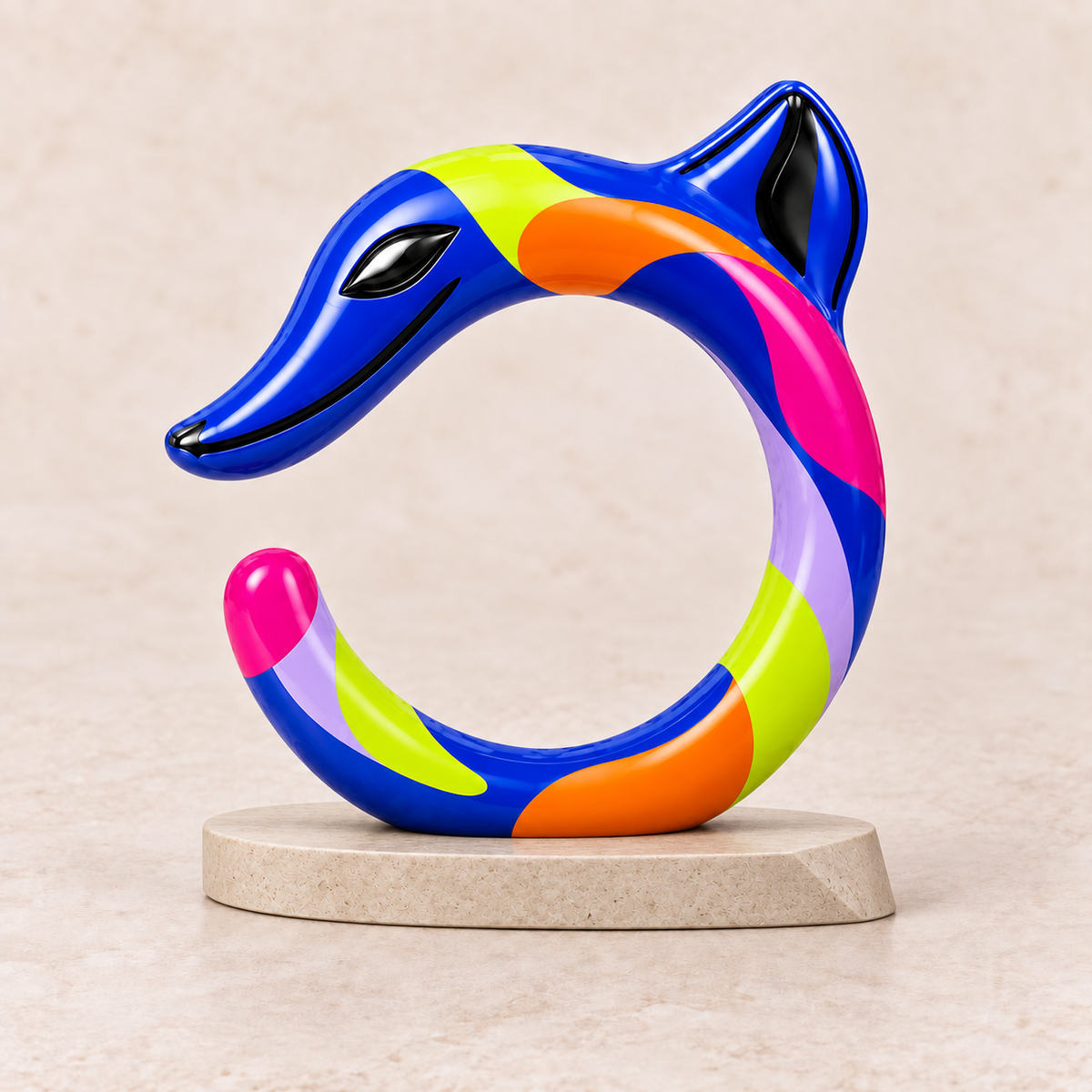 Cobalt blue multicolor HONGSHAN C-dragon sculpture on a light base