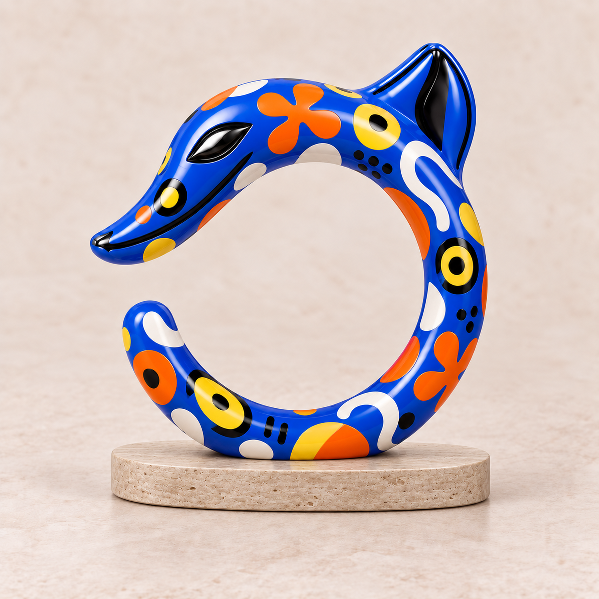 Cobalt blue pop-art HONGSHAN C-dragon sculpture on a light base