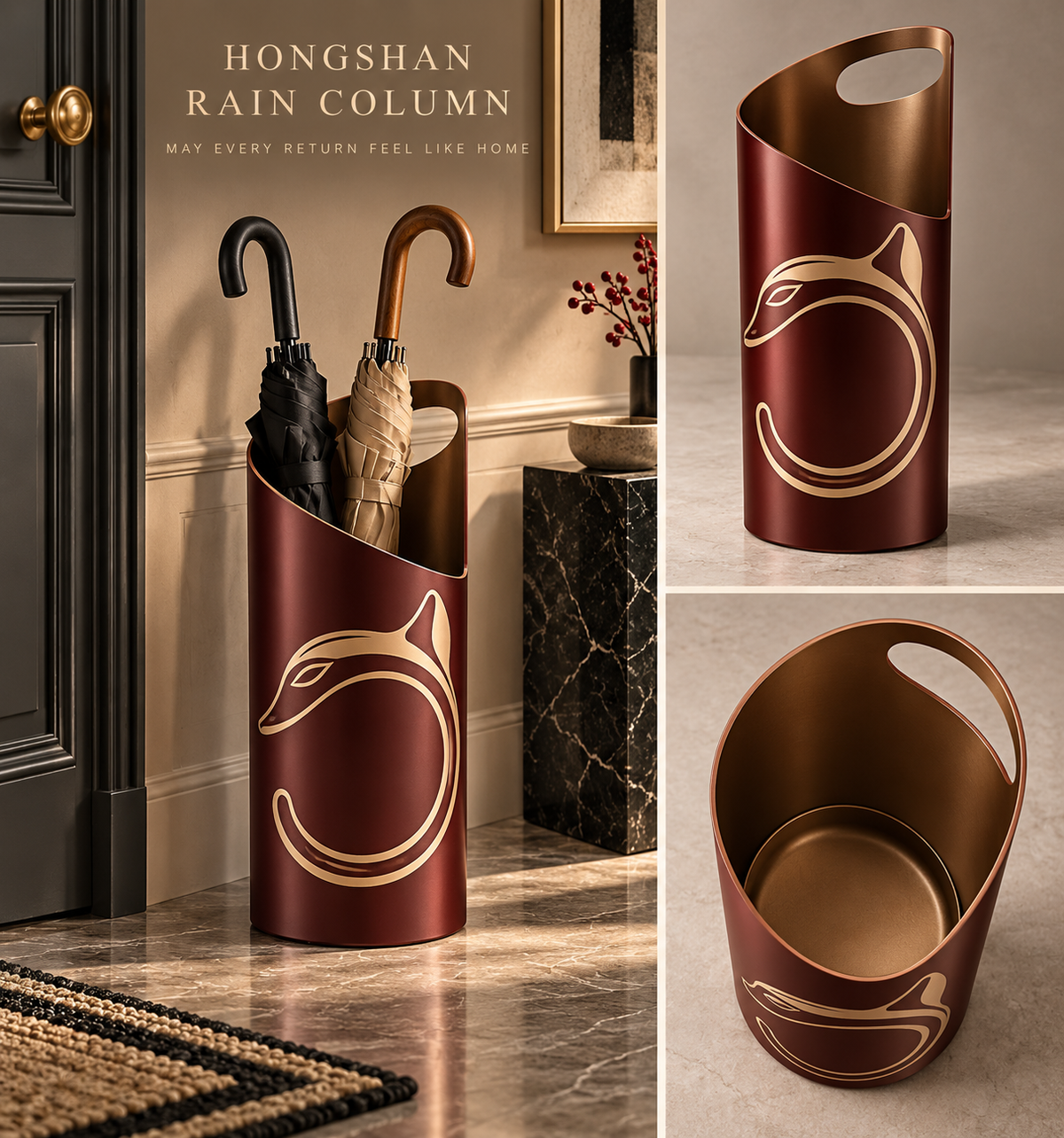Burgundy and gold HONGSHAN Rain Column umbrella stand shown from three angles