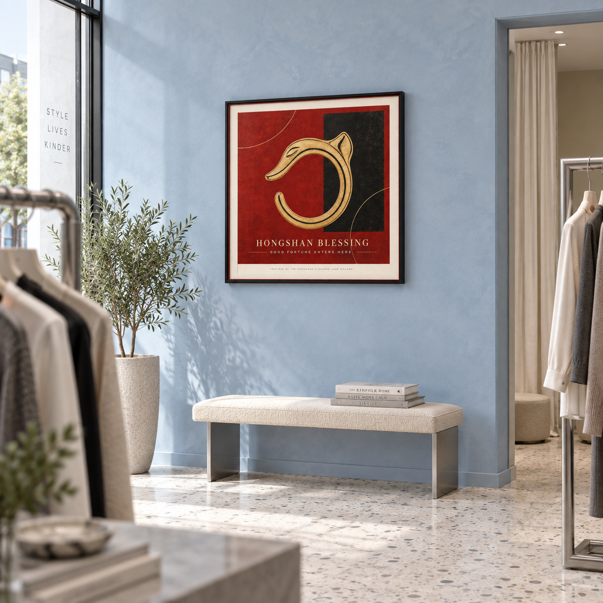 HONGSHAN BLESSING framed artwork — powder blue fashion showroom