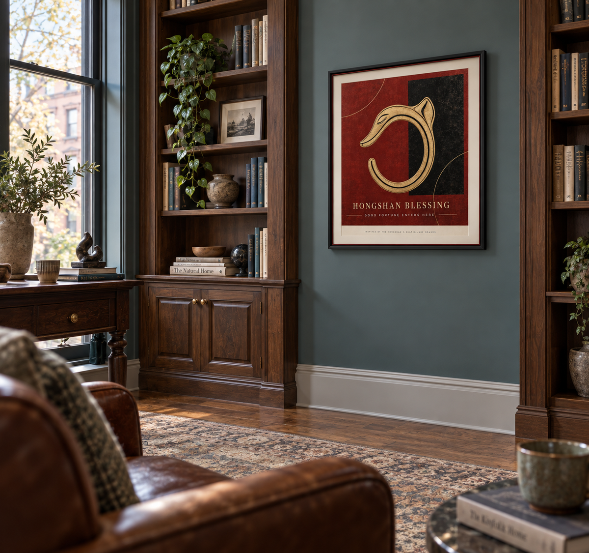 HONGSHAN BLESSING framed artwork — teal brownstone library