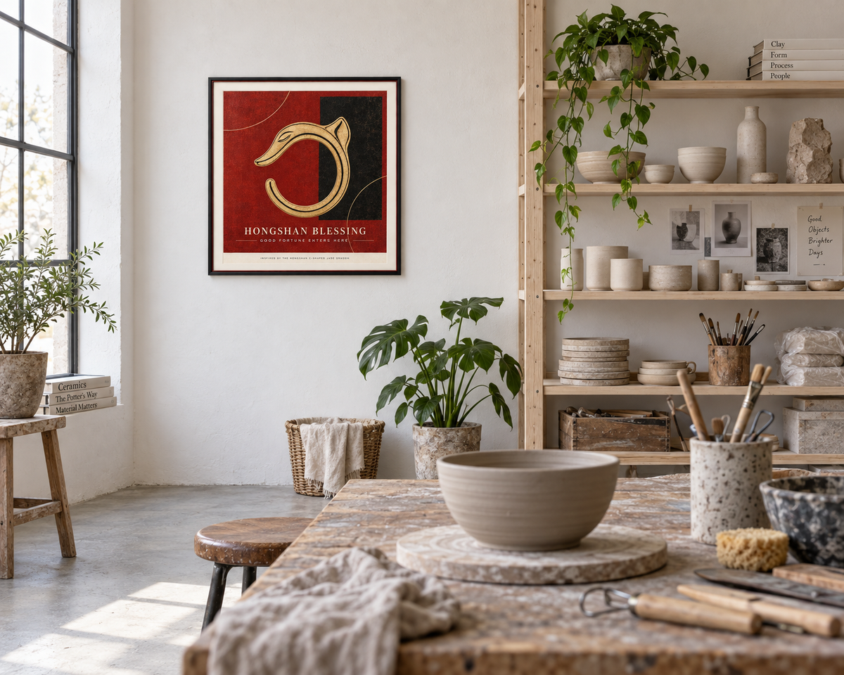 HONGSHAN BLESSING framed artwork — white ceramic studio