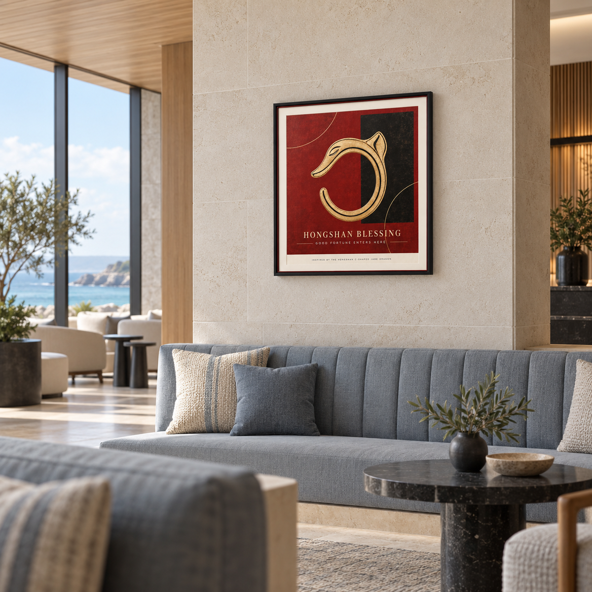 HONGSHAN BLESSING framed artwork — coastal hotel lounge