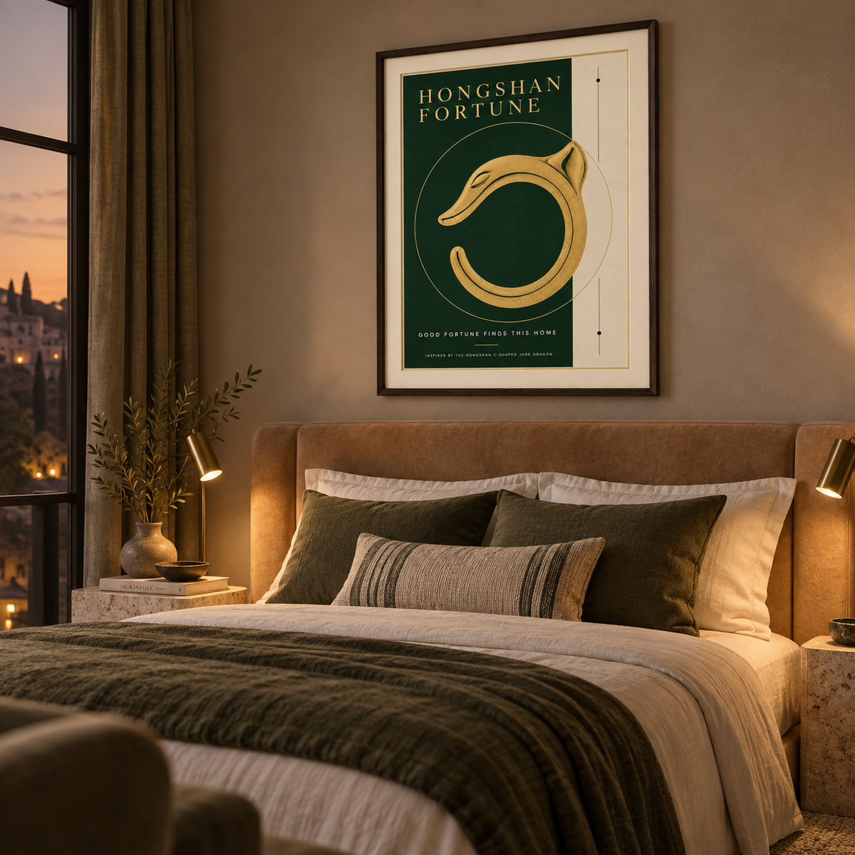 HONGSHAN FORTUNE framed artwork — boutique hotel bedroom