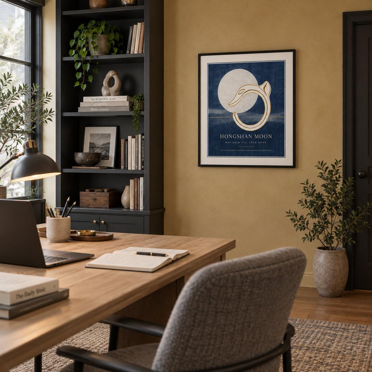 HONGSHAN MOON framed artwork — mustard home office