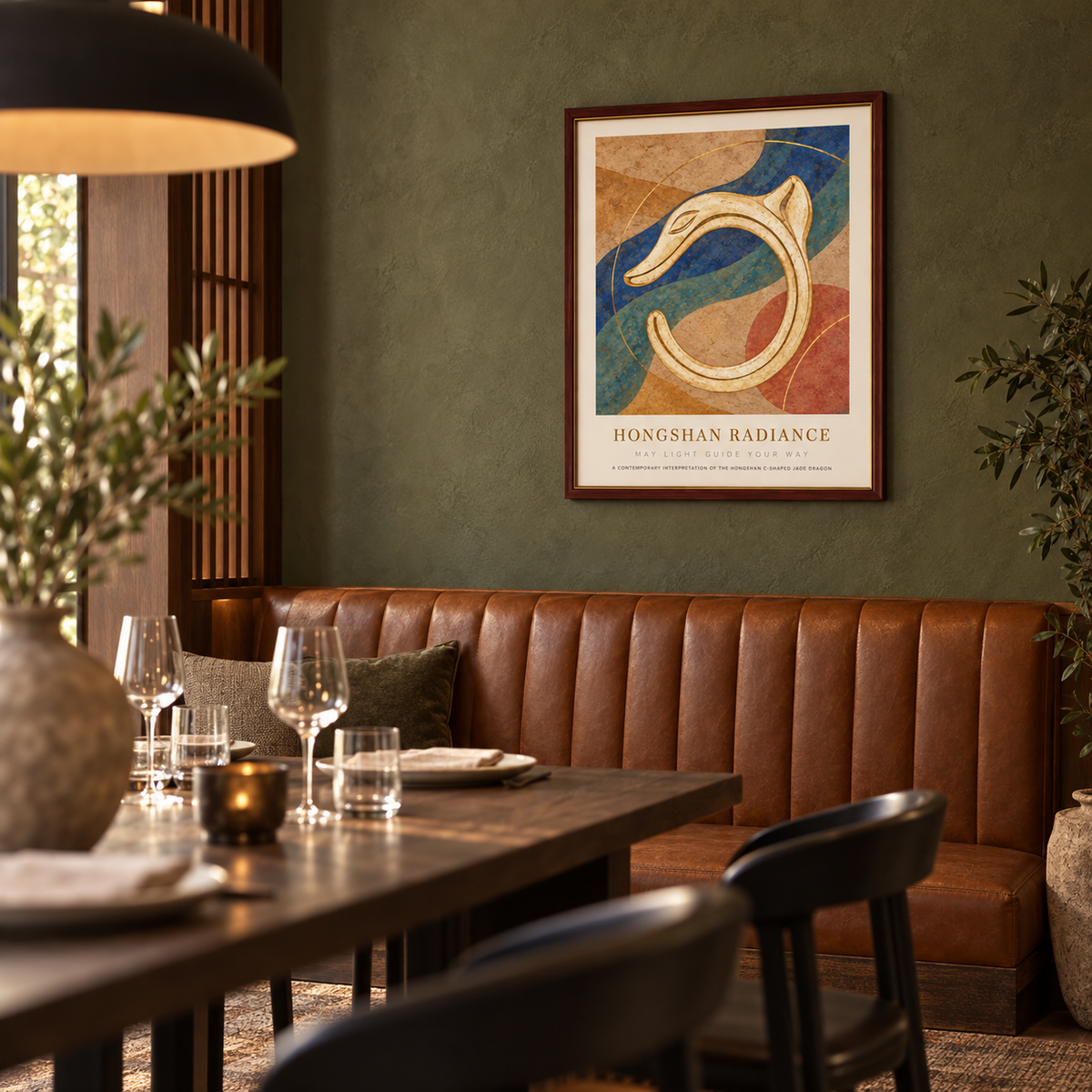 HONGSHAN RADIANCE framed artwork — olive private dining room