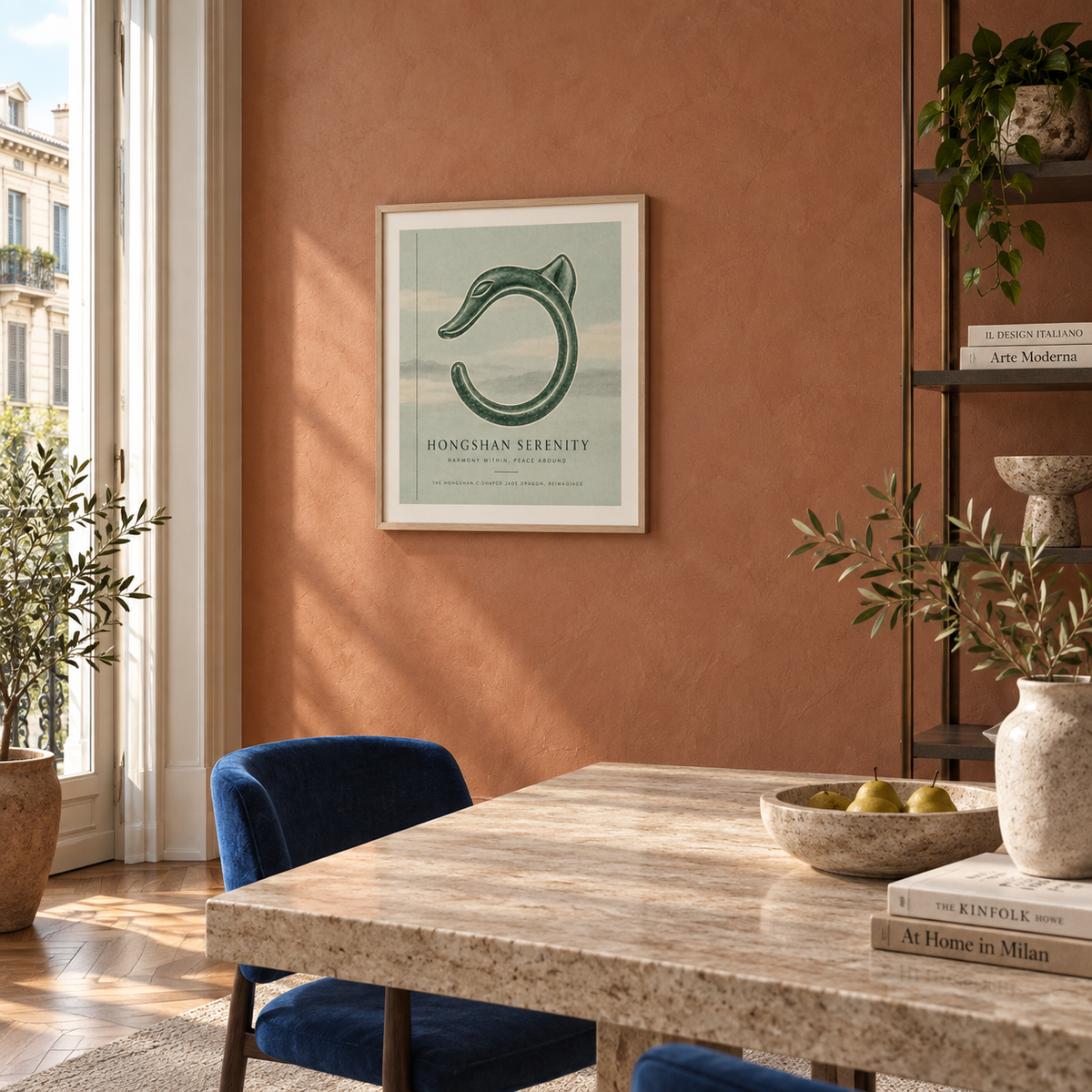 HONGSHAN SERENITY framed artwork — terracotta milan apartment