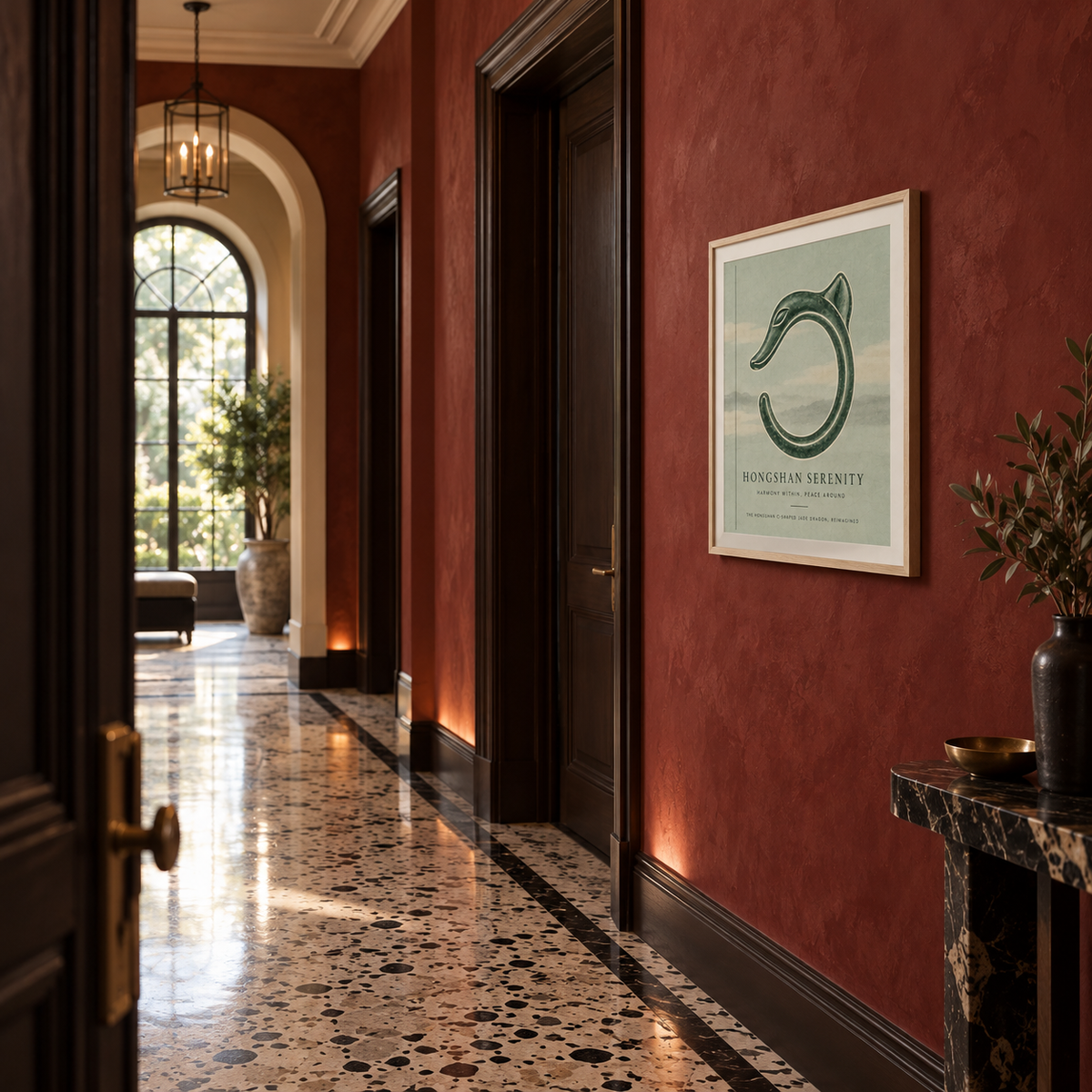 HONGSHAN SERENITY framed artwork — oxblood hotel corridor