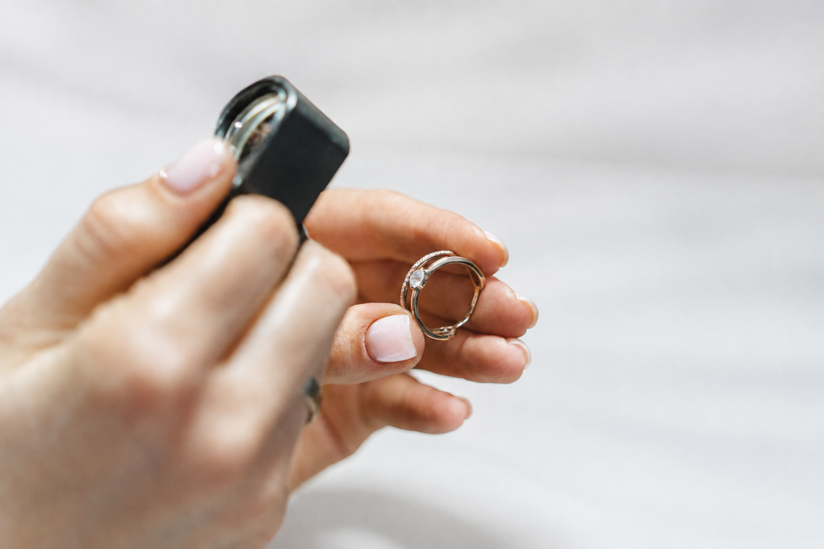 Illustrative close-up of a ring being inspected with a jeweler's loupe.