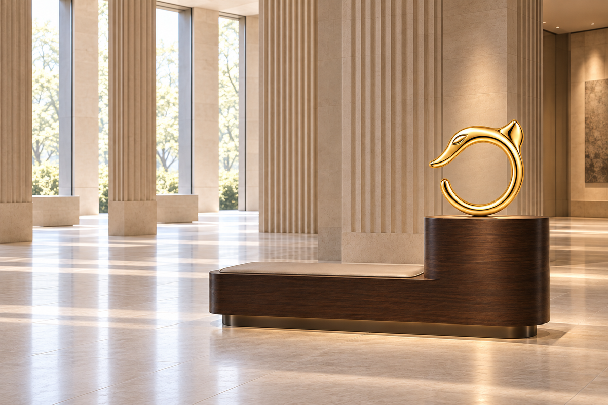 Golden dragon and sculptural wooden bench in a limestone gallery
