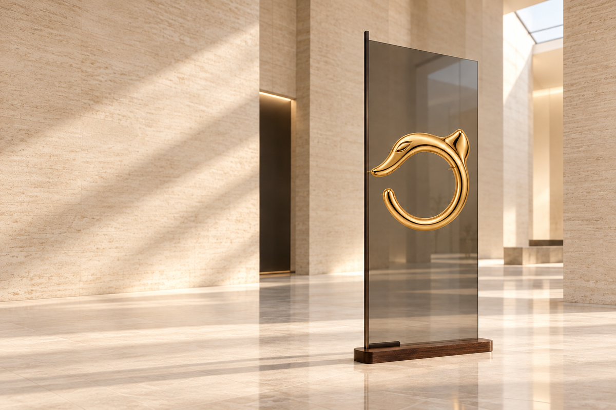 Golden dragon on a complete smoked-glass screen in a sunlit gallery