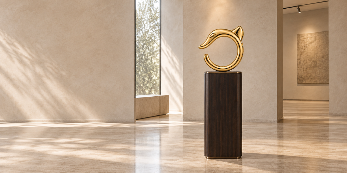 Complete golden dragon and tall wood pedestal in a sunlit contemporary gallery