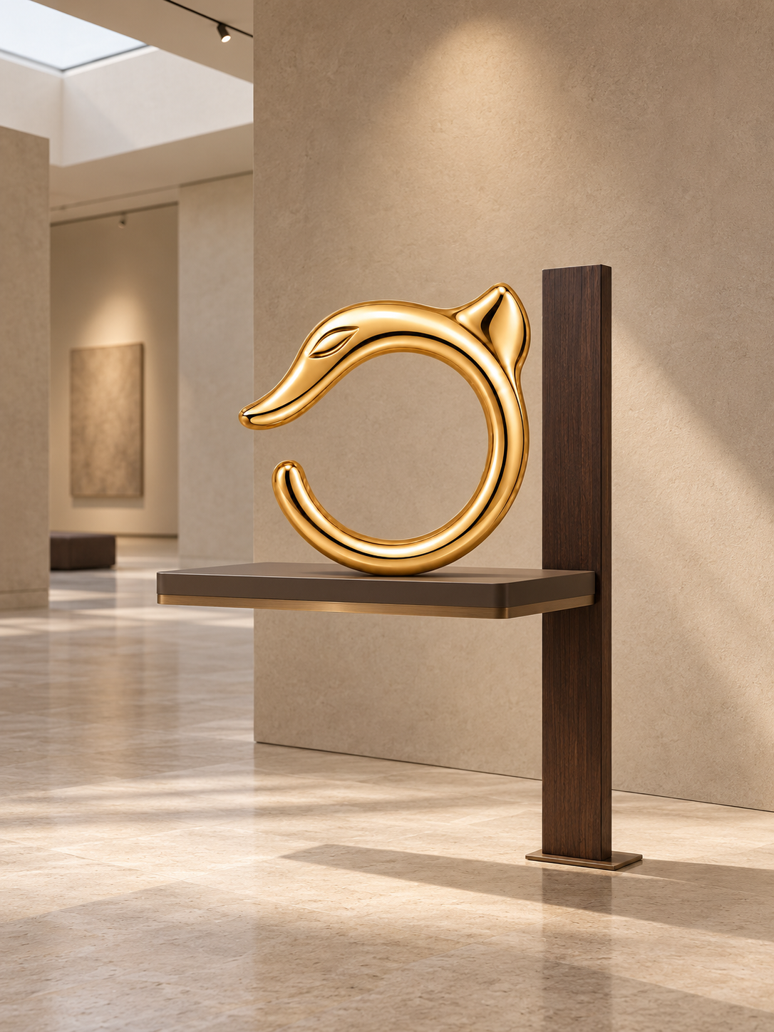 Golden dragon sculpture on an architectural cantilever shelf