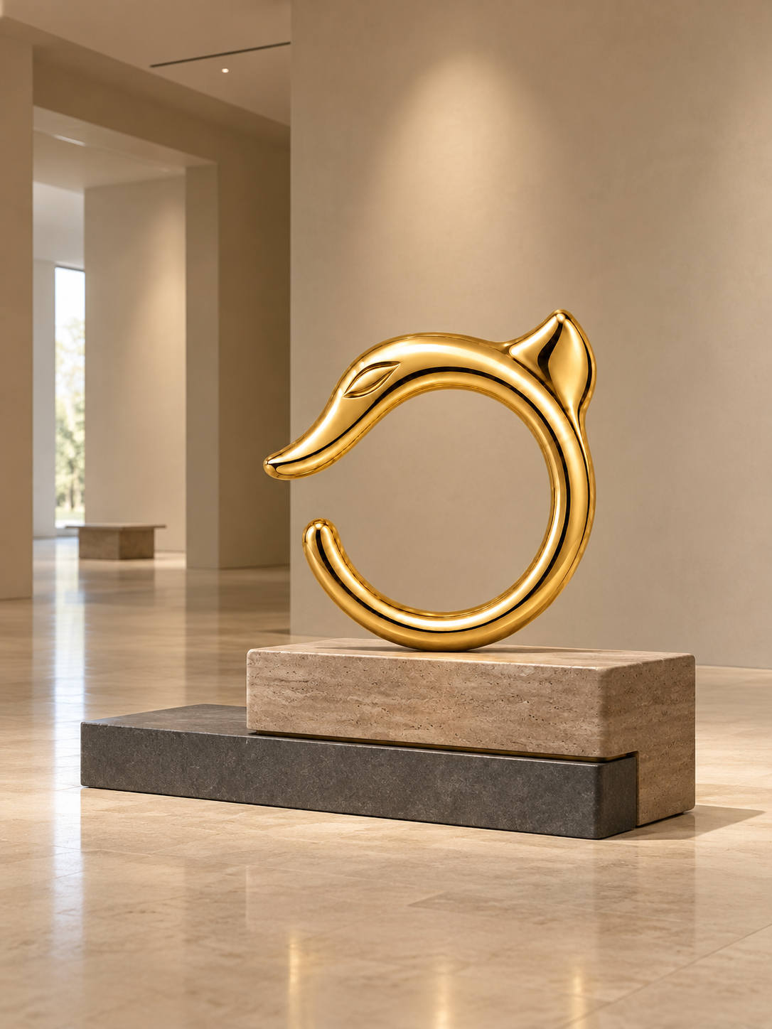 Golden dragon sculpture on layered stone plinths