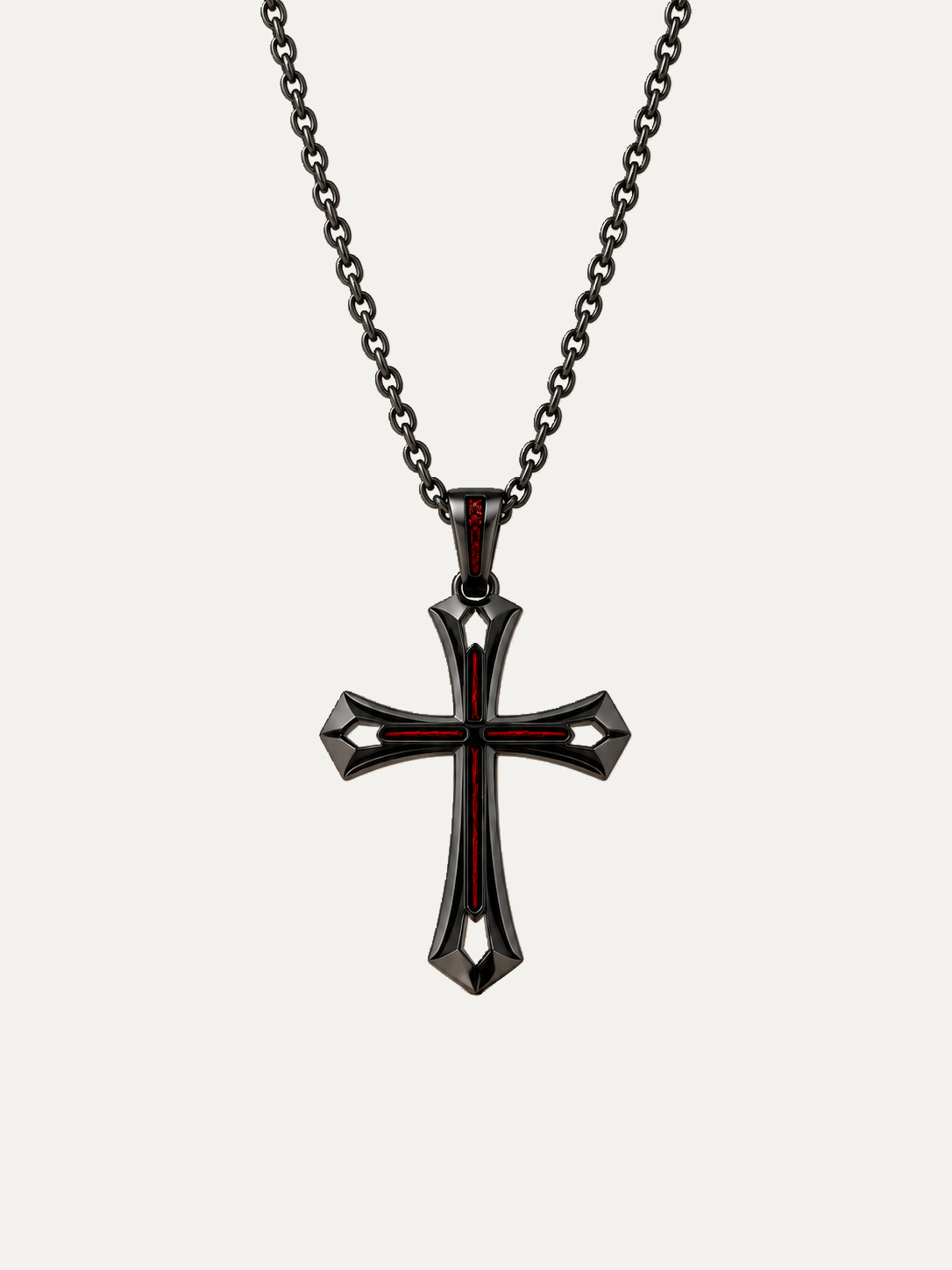 Crimson Edge Cross Pendant Necklace on a warm off-white background