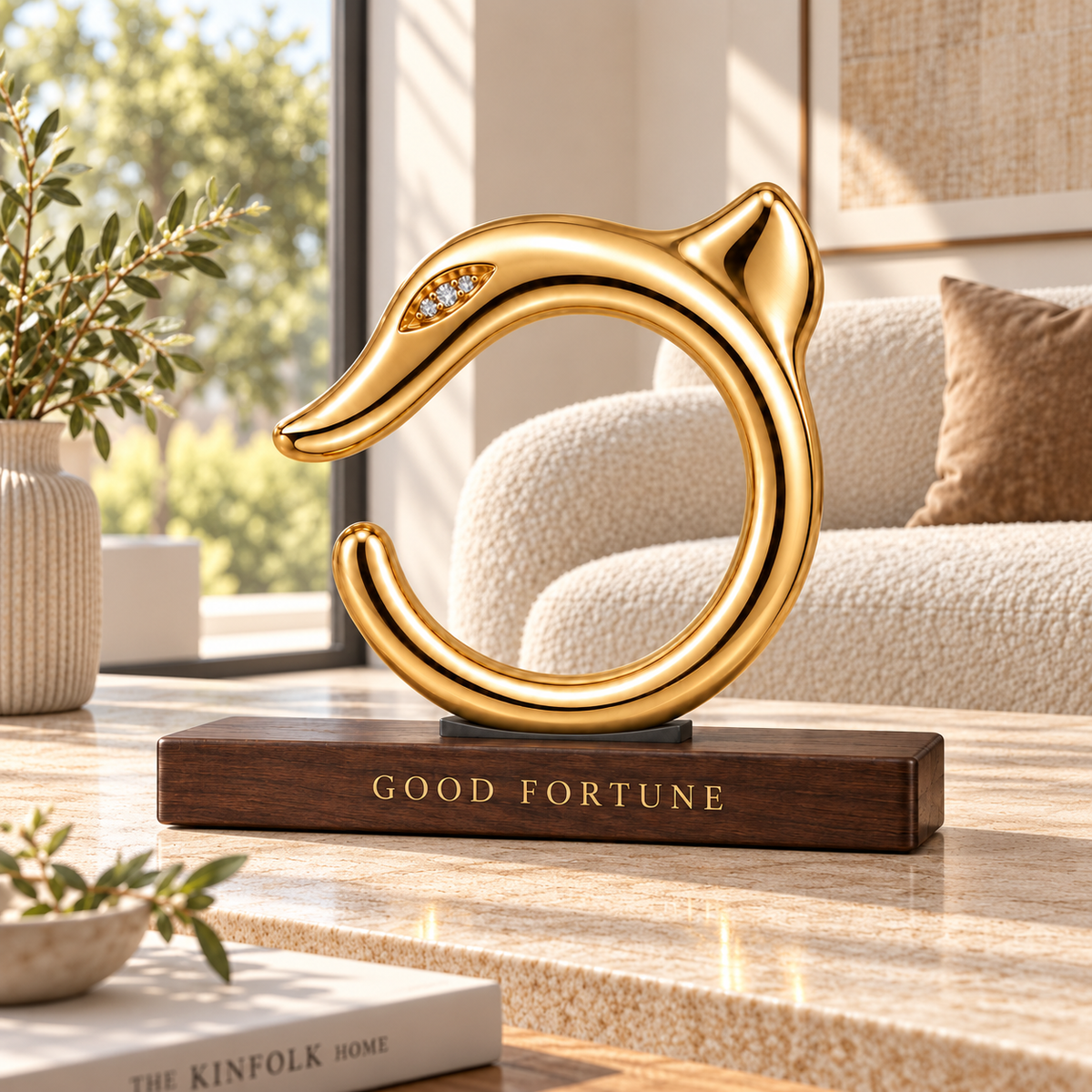 VESPERON Dragon Sculpture — Golden Fortune, gold-tone dragon form on a wood-tone base, shown in a sunlit interior.