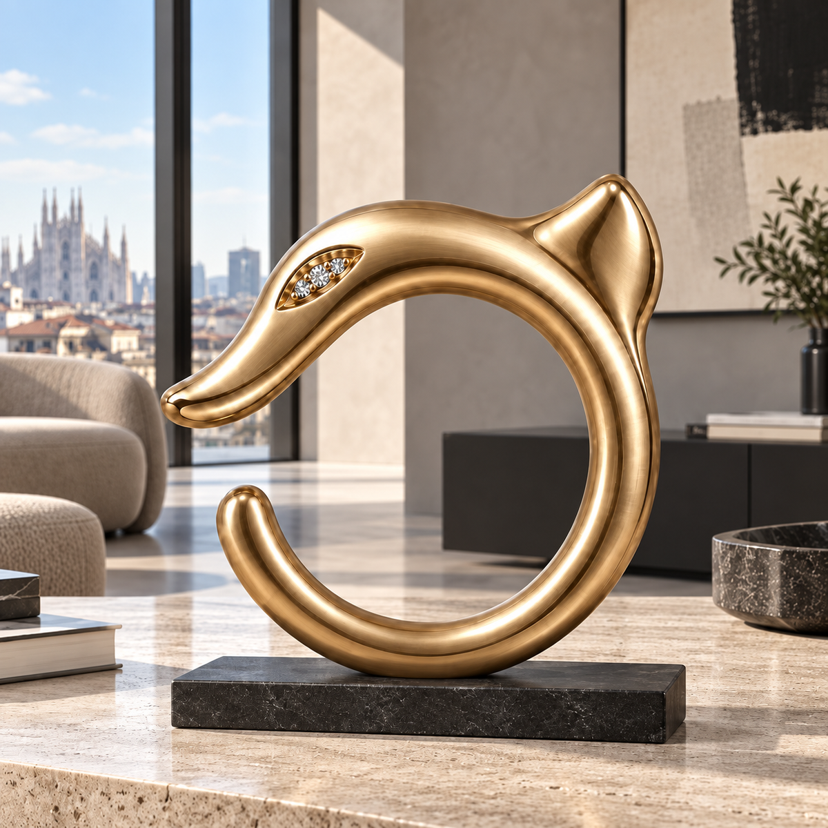 VESPERON Dragon Sculpture — Satin Gold, brushed gold-tone dragon form on a dark base, shown in a contemporary interior.