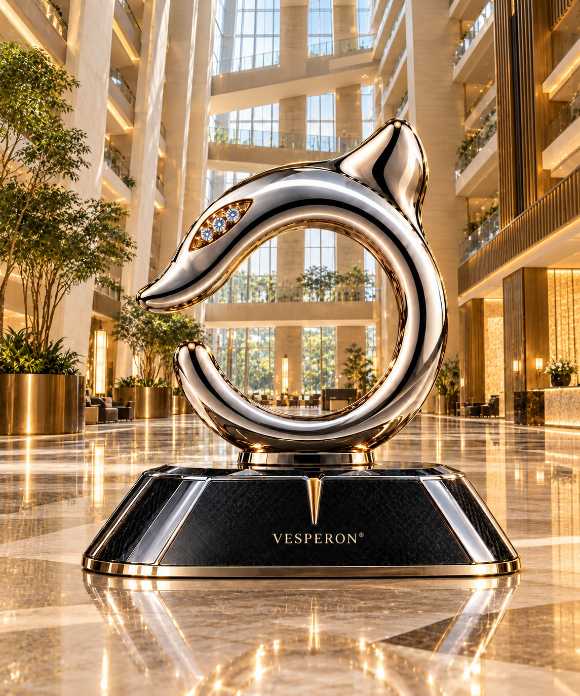 VESPERON Dragon Sculpture — Silver & Gold, reflective two-tone dragon form on a faceted pedestal, shown in a grand atrium.