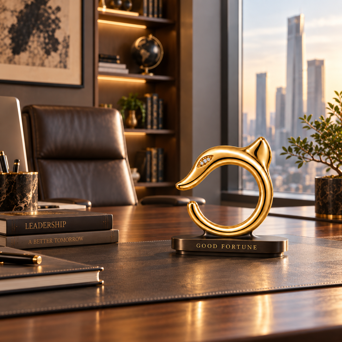 Complete gold Good Fortune dragon ornament and rounded bronze pedestal on the right of an executive desk
