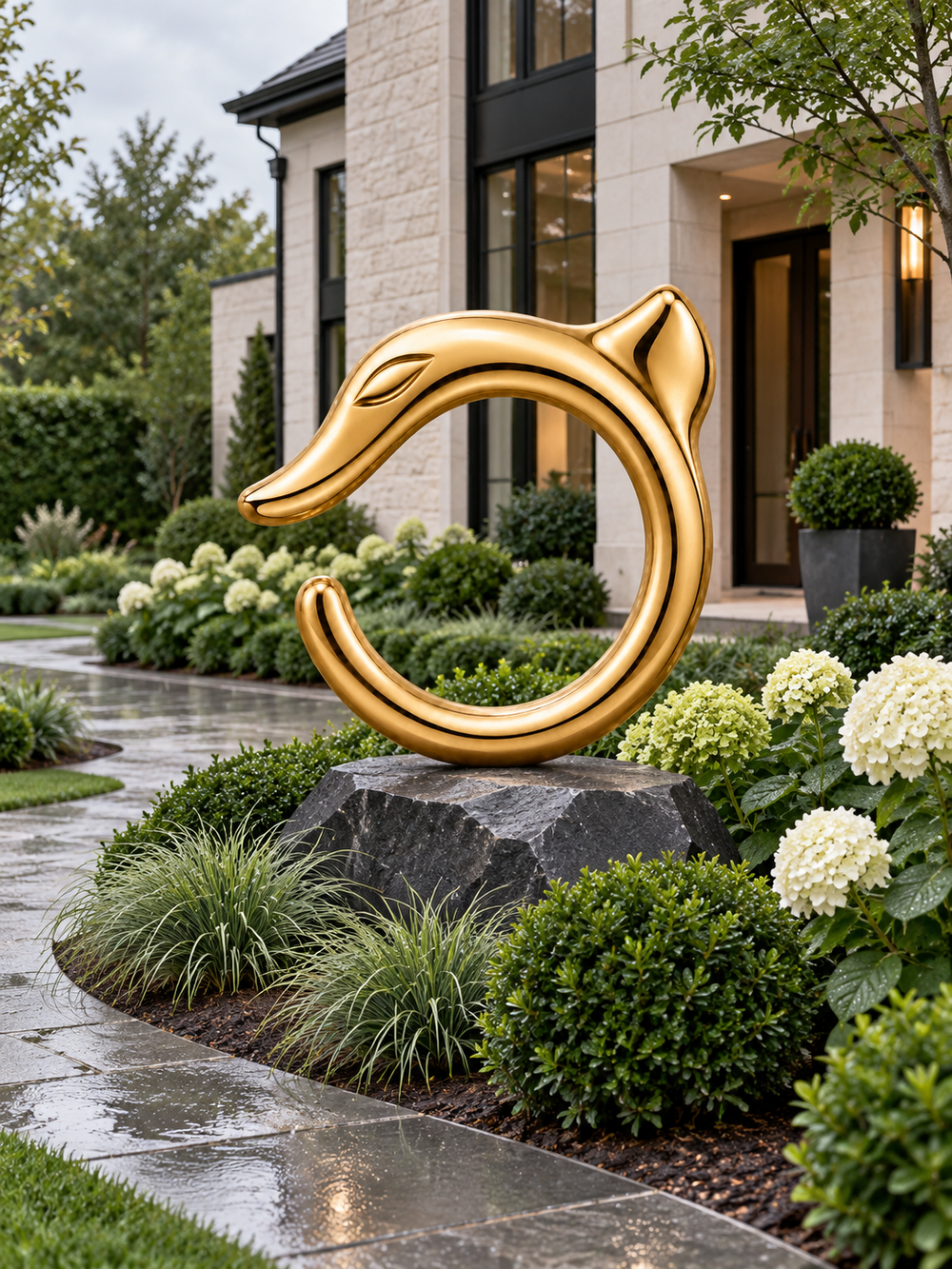 Gold VESPERON guardian sculpture in a landscaped courtyard