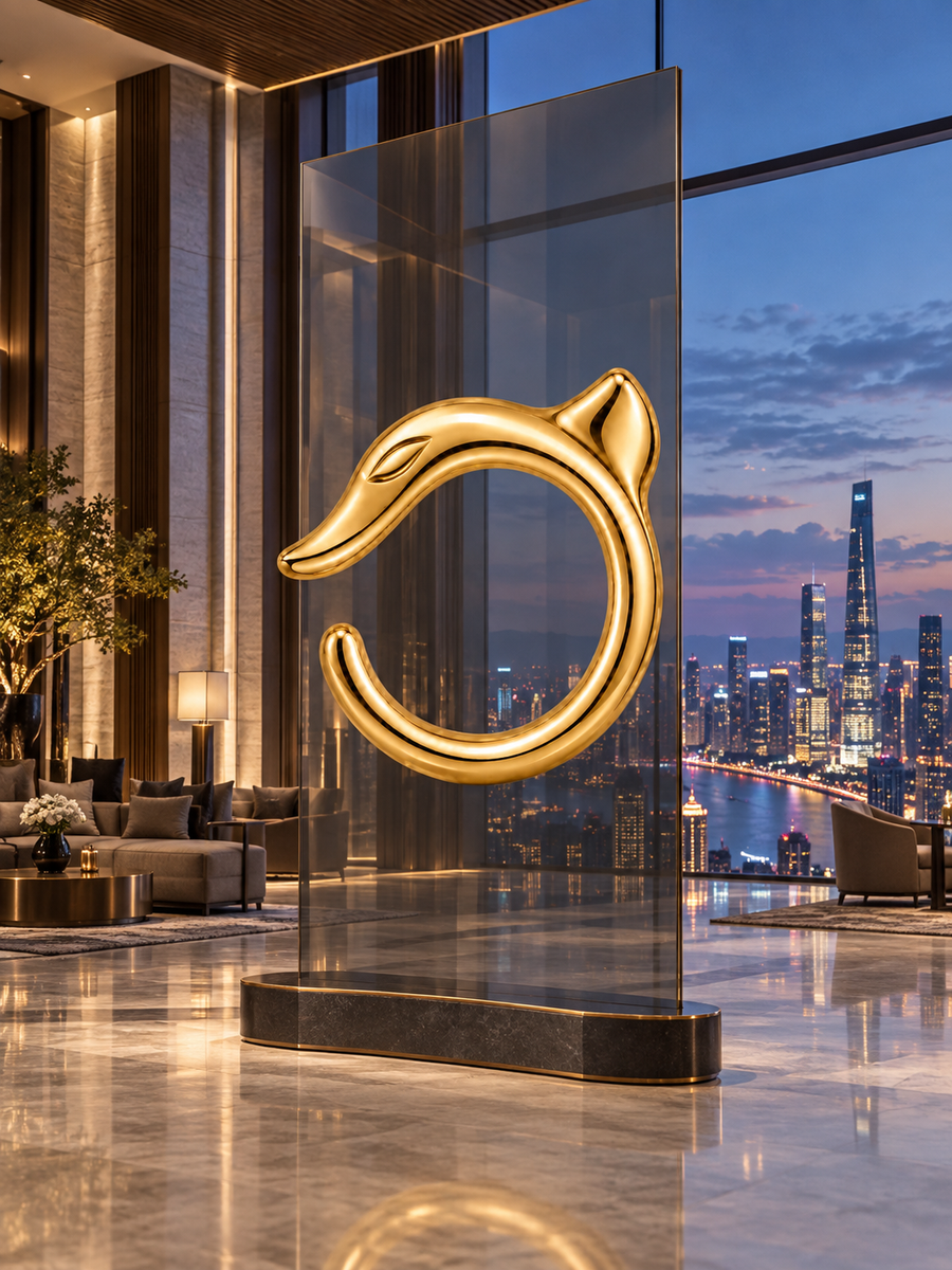 Gold VESPERON guardian sculpture in a night lobby