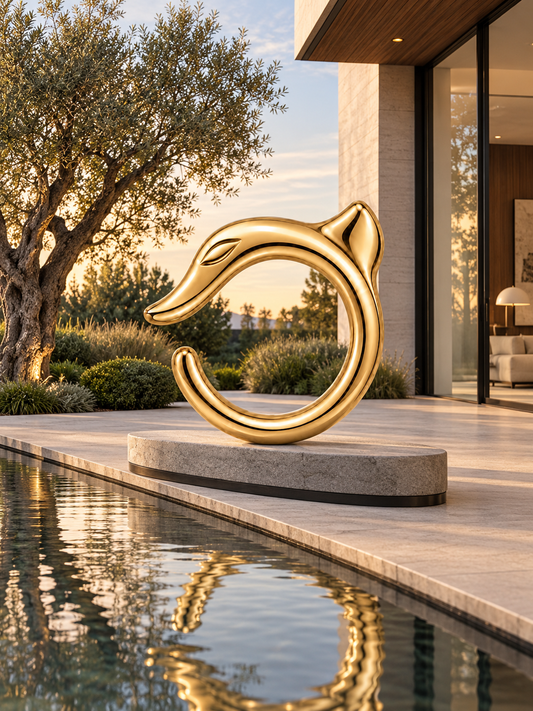 Gold VESPERON guardian sculpture beside a reflecting pool
