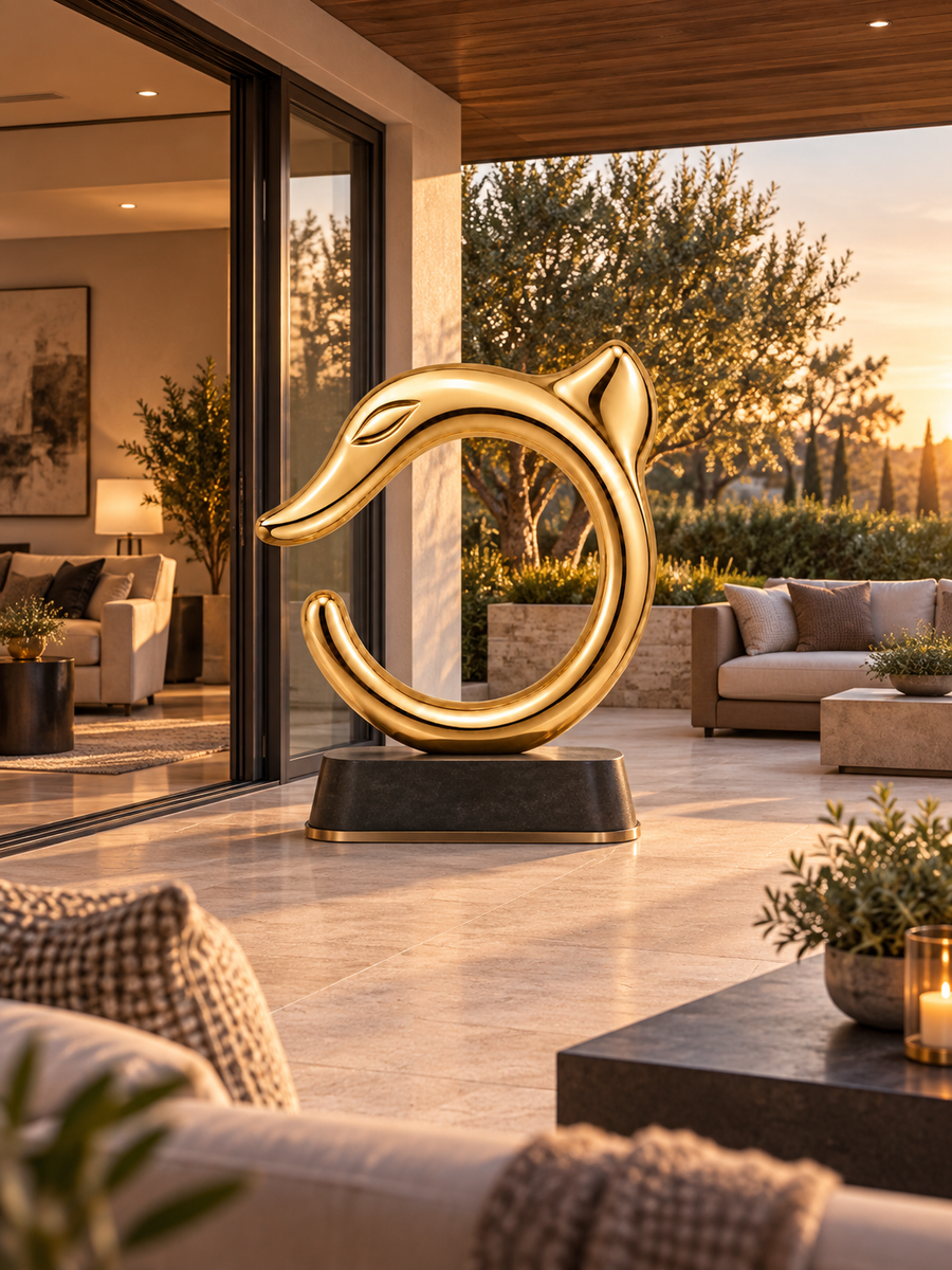 Gold VESPERON guardian sculpture on a sunset terrace