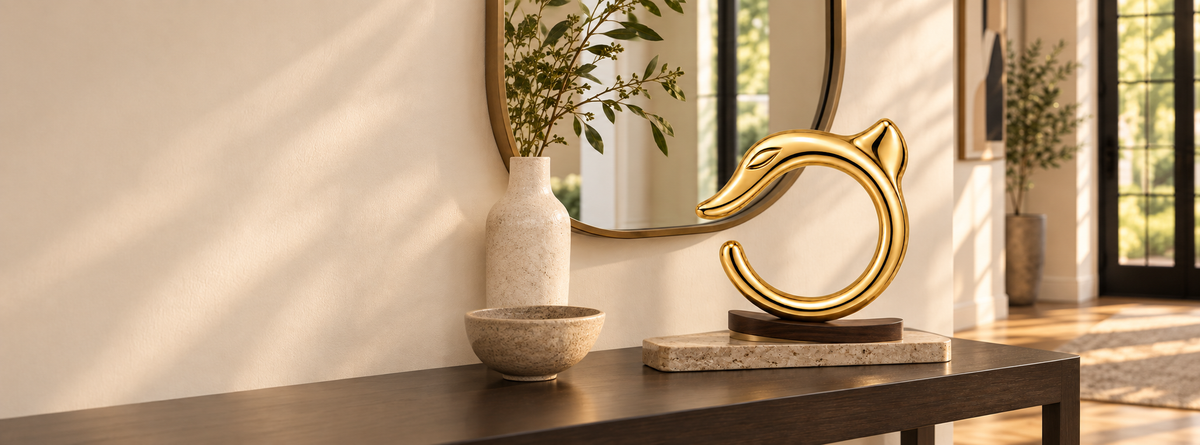 VESPERON gold Dragon Lineage sculpture in a calm interior