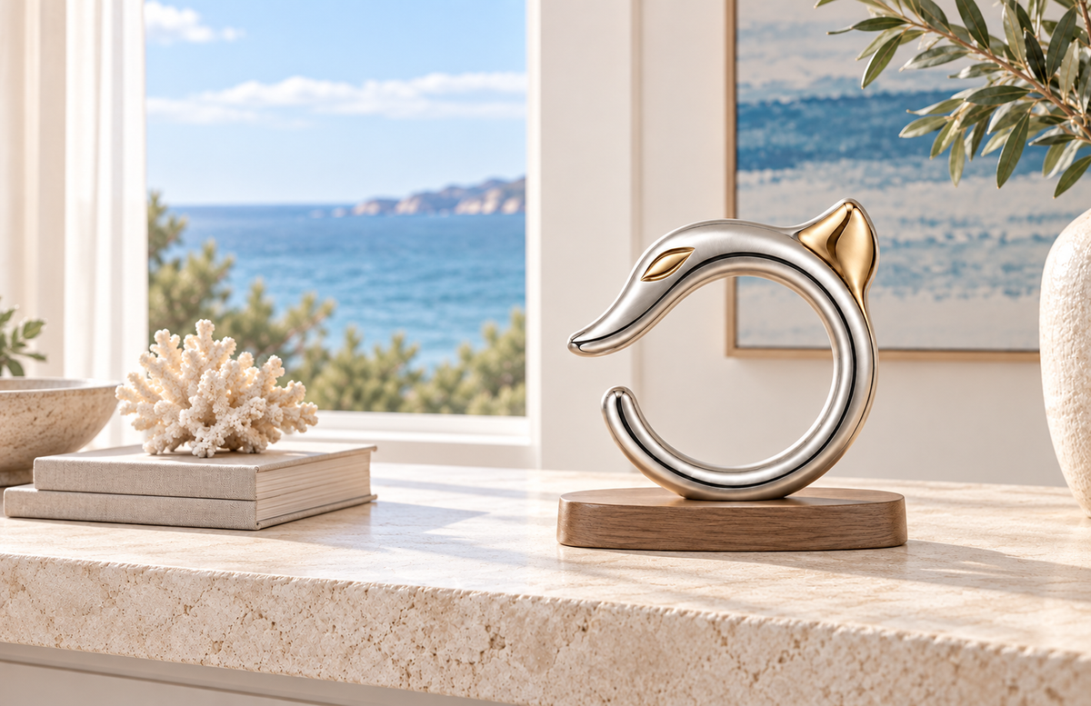 VESPERON silver and gold Dragon Lineage sculpture by the sea