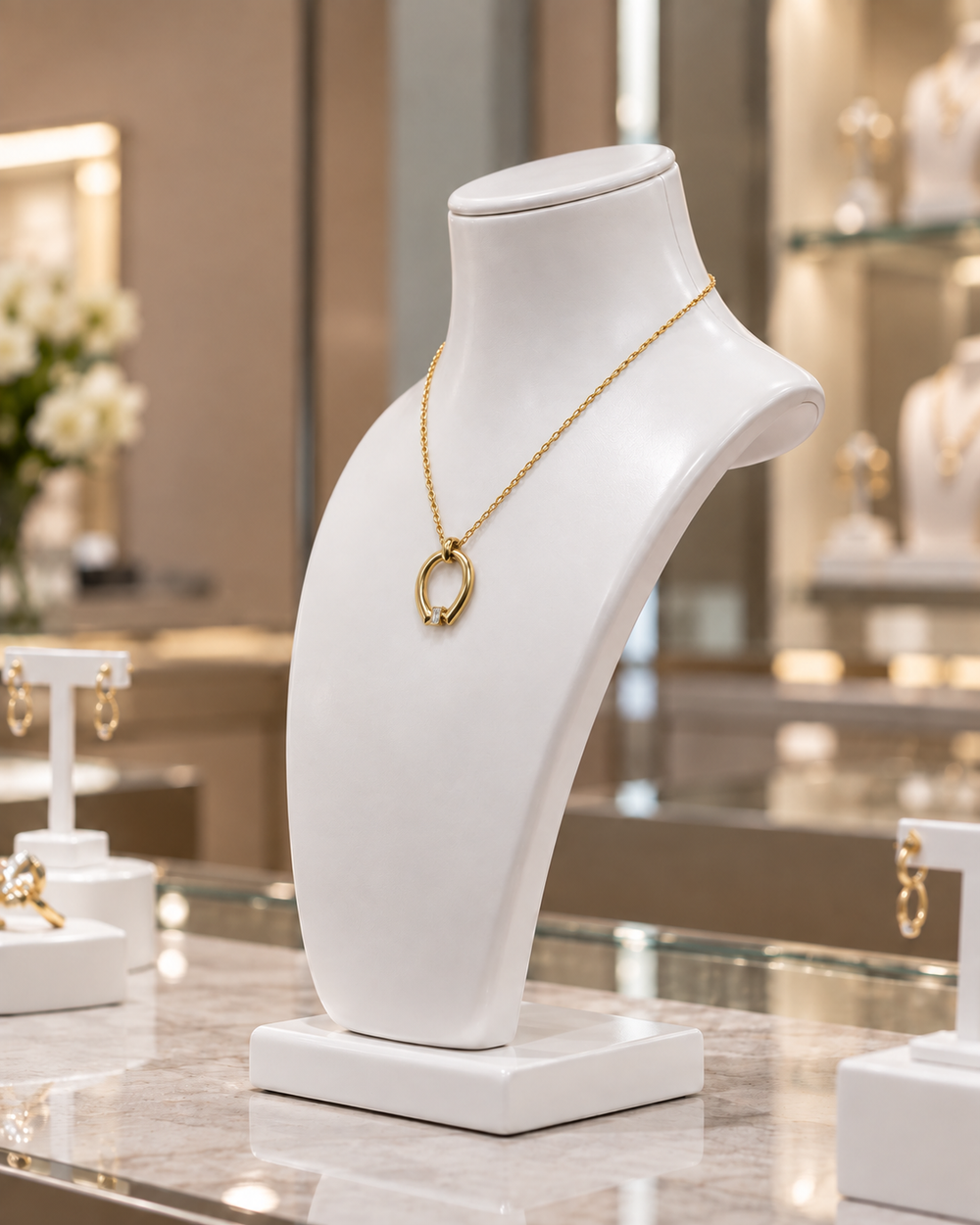 Gold pendant necklace displayed on a smooth white necklace stand in a jewelry boutique.