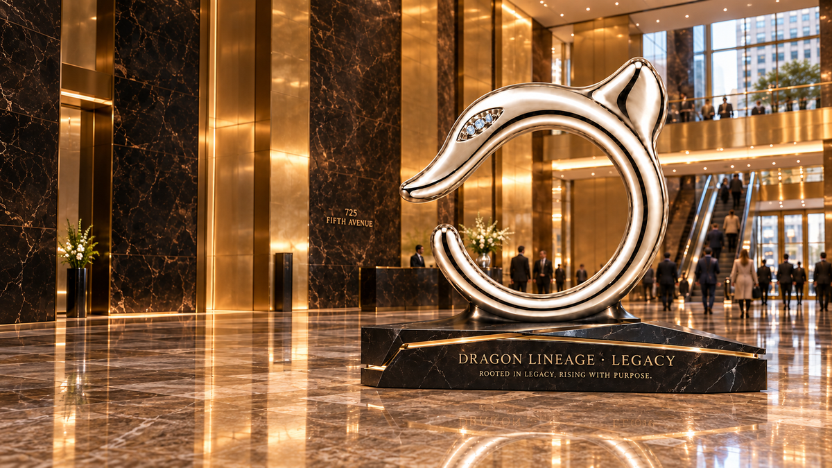 Dragon Lineage Legacy sculpture, complete silver dragon and black marble pedestal in a golden Fifth Avenue atrium