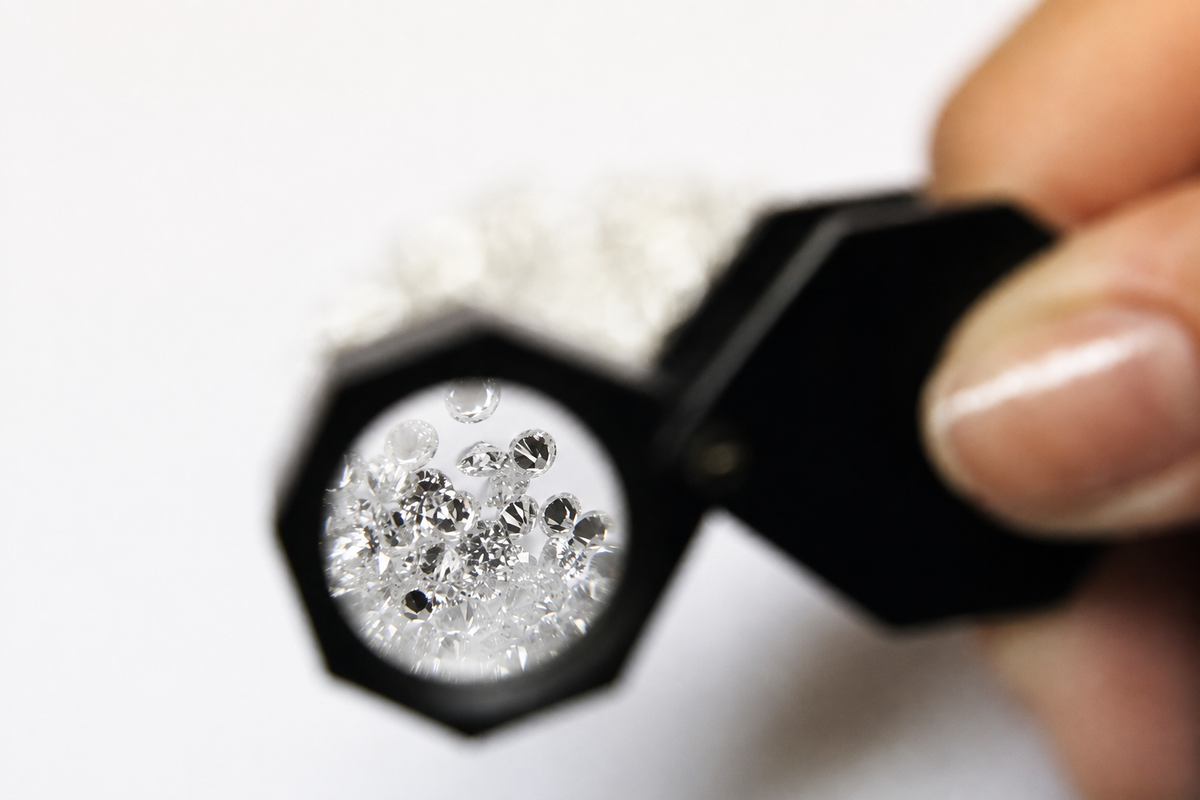 A jeweler's loupe magnifying clear faceted stones; an illustrative study of gemstone details.