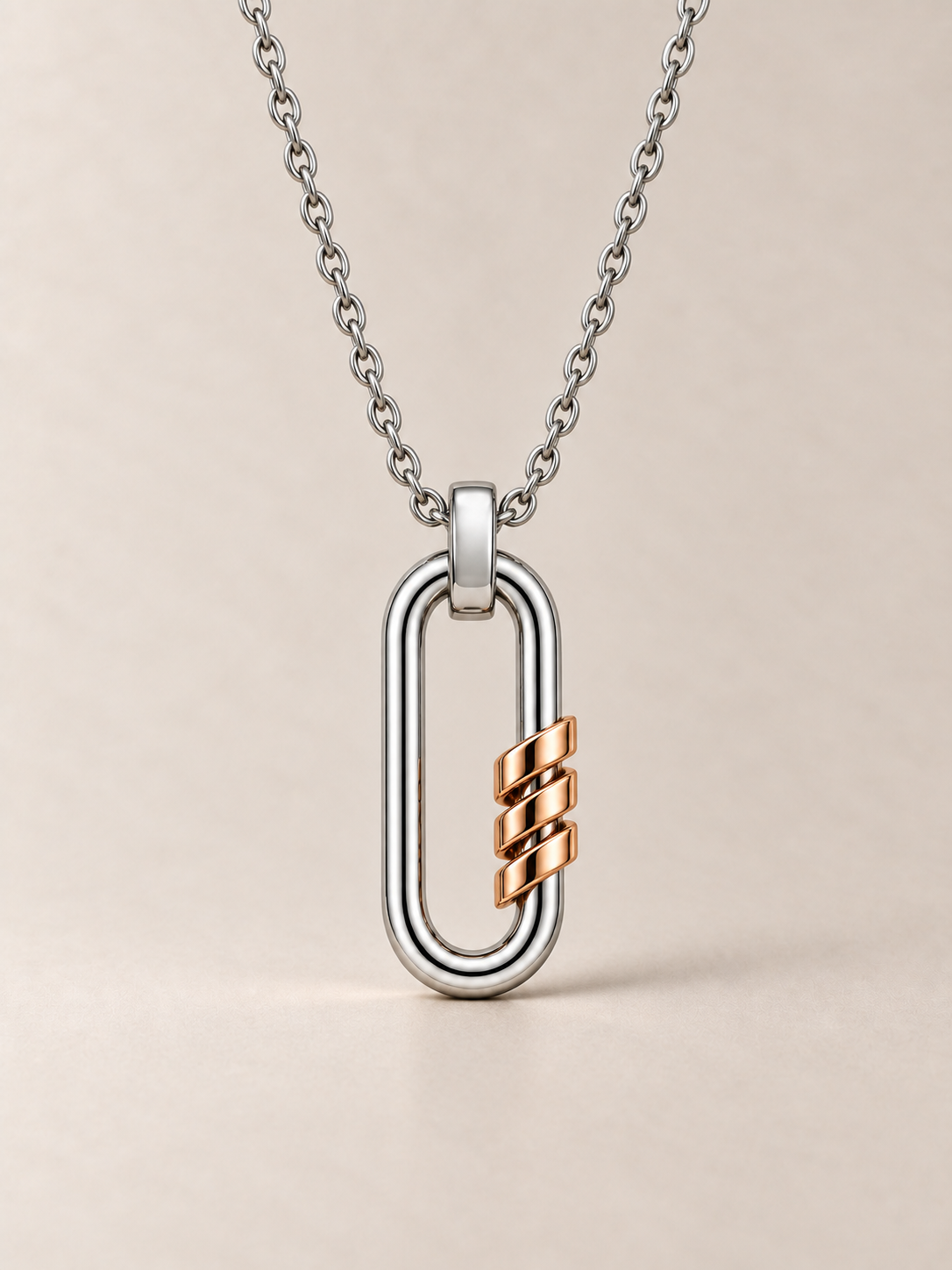VESPERON NEXUS HELIX Pendant Necklace, front view on a warm neutral studio background