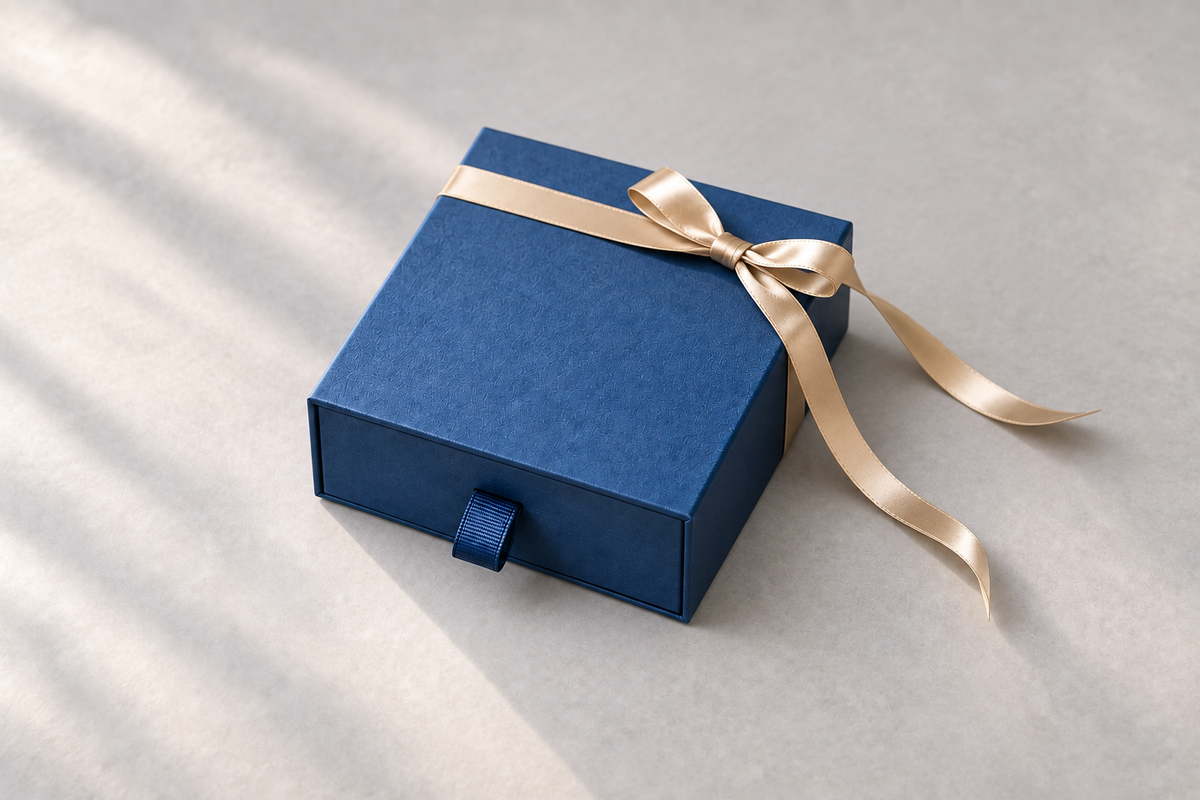 Illustrative closed blue drawer-style jewelry gift box with a champagne-gold satin ribbon.