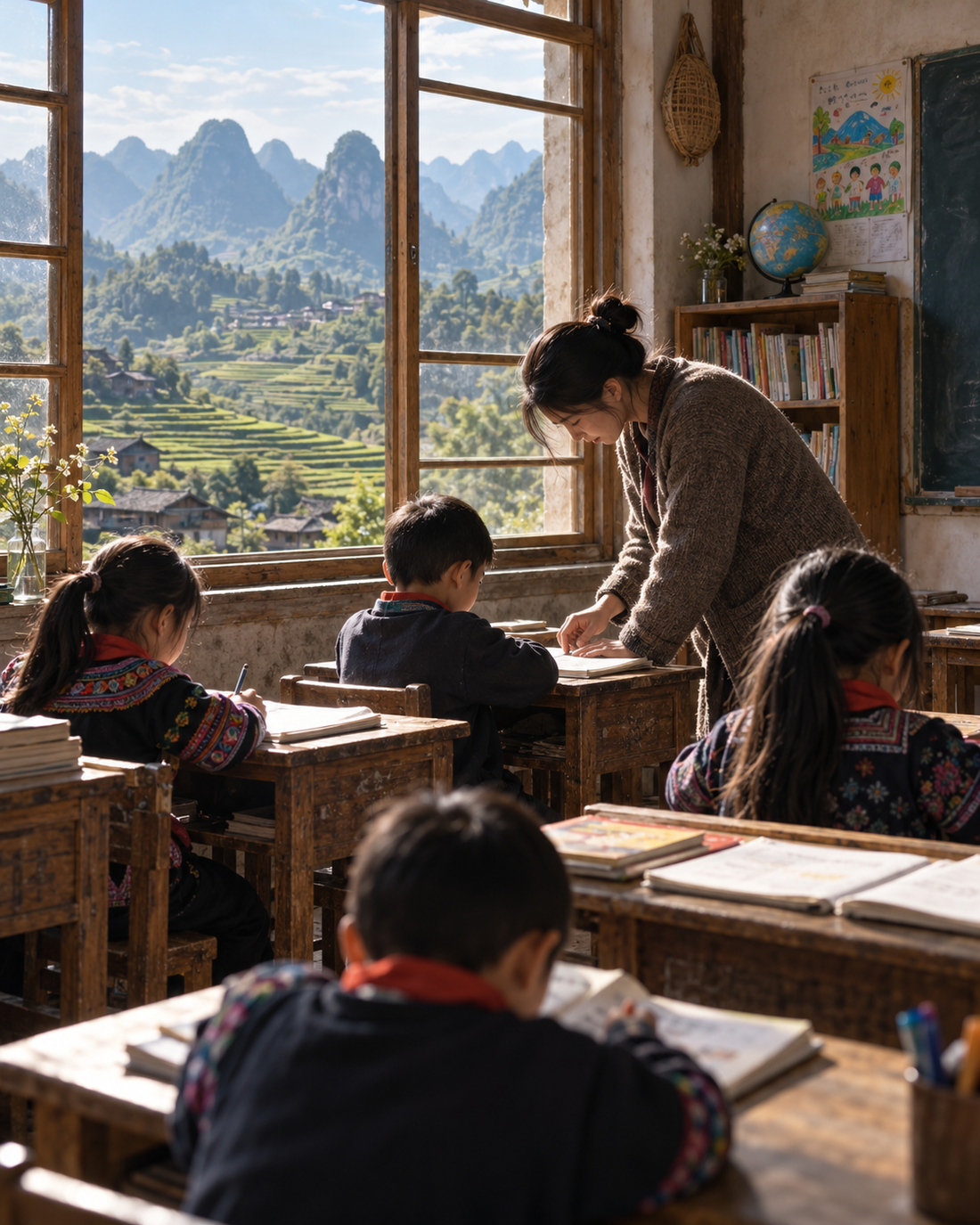 Illustrative scene of a teacher helping students in a classroom.