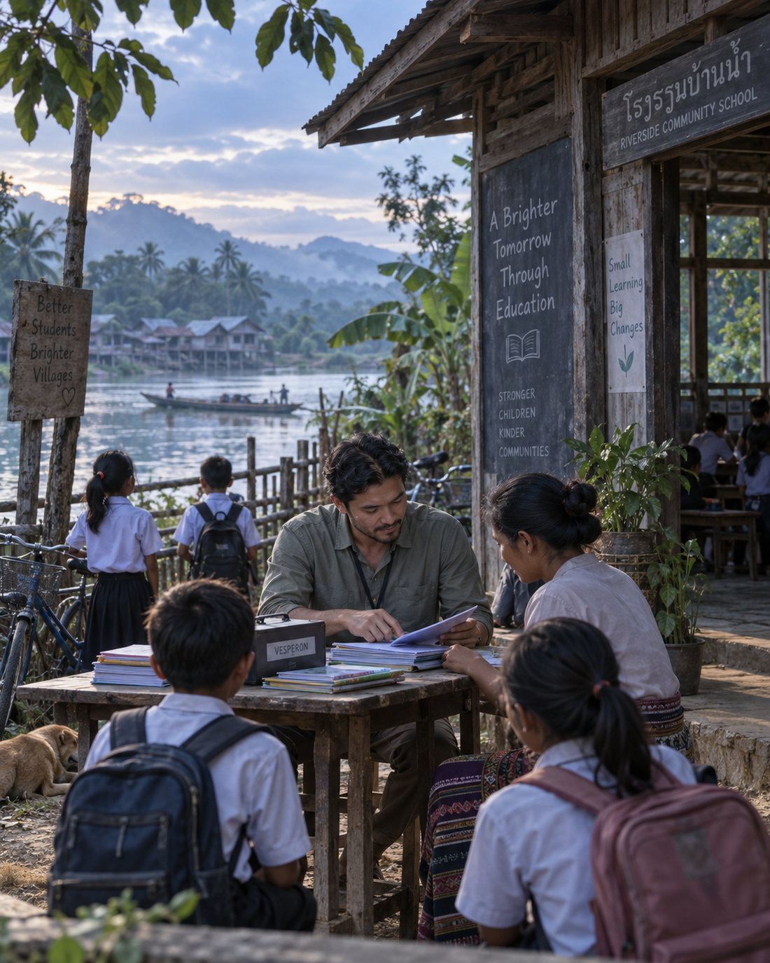 Illustrative scene of educational support in a riverside community.