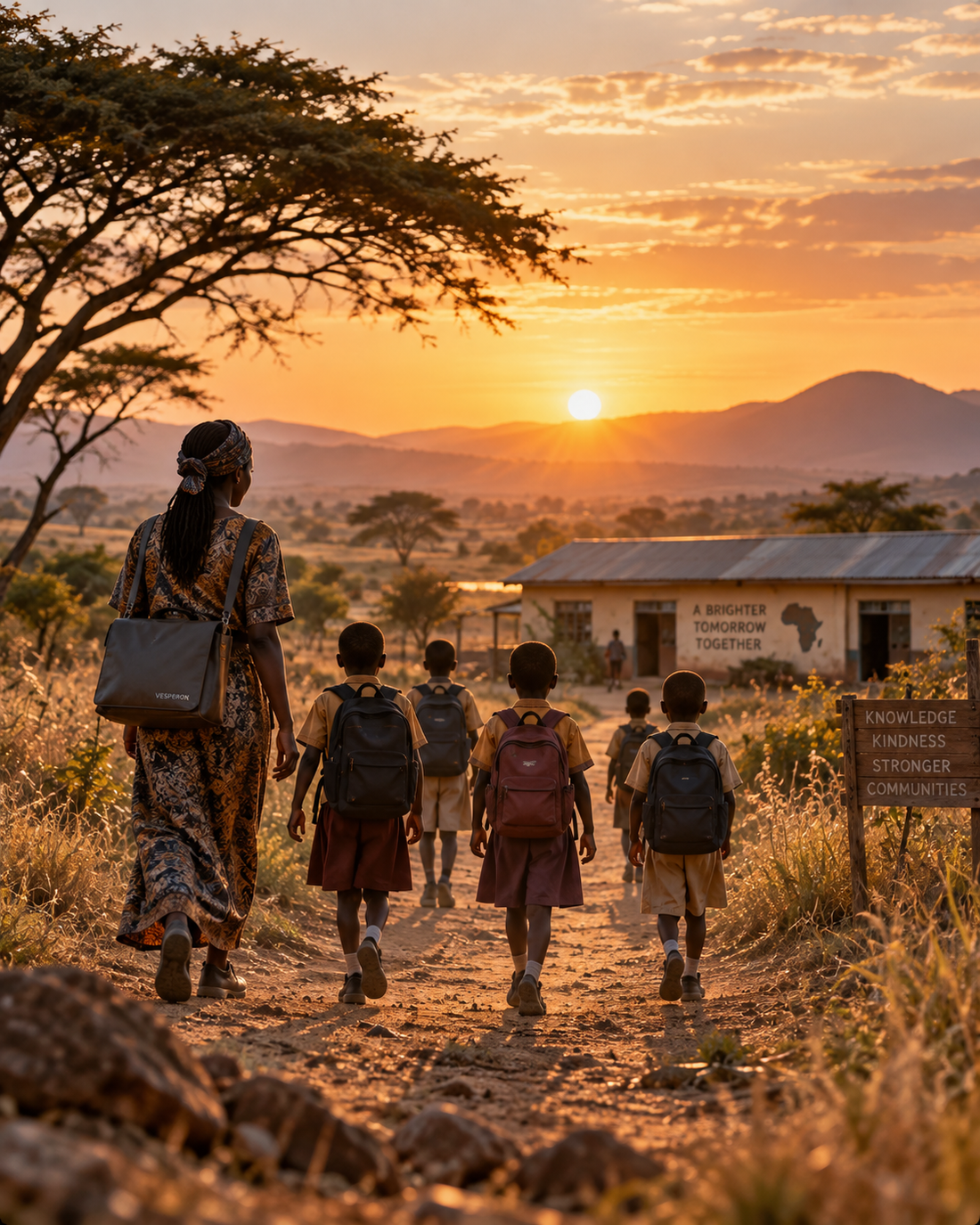 Illustrative scene of children walking toward a school at sunset.
