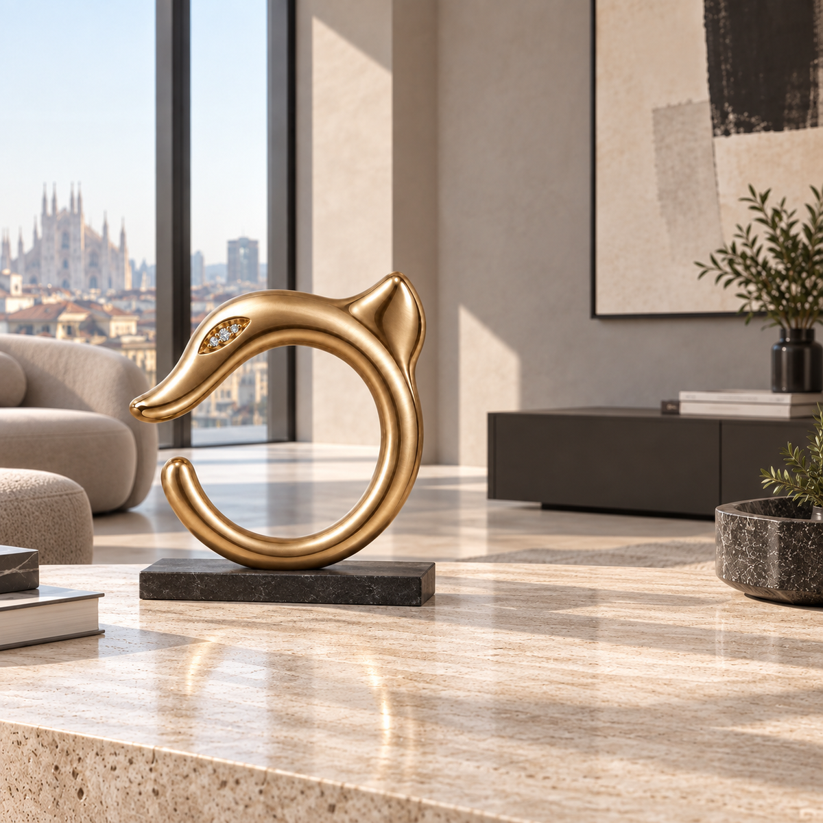 Complete satin gold dragon sculpture on a dark stone base, positioned left in a Milan apartment