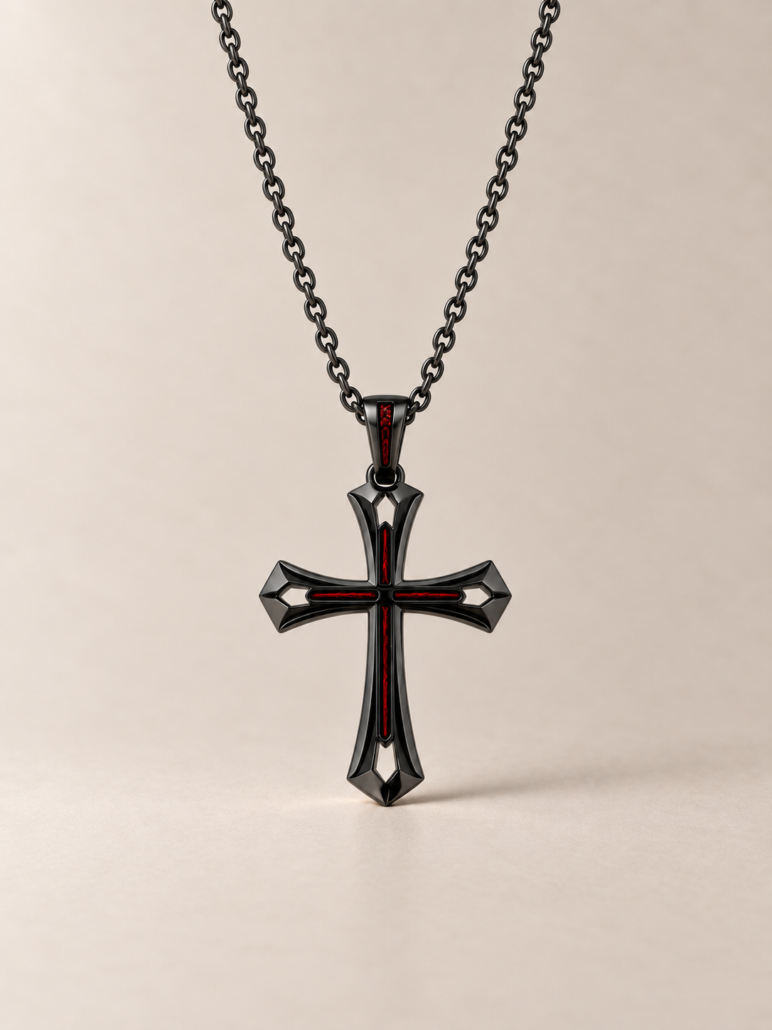 Crimson Edge Cross Pendant Necklace, front view on a warm neutral studio background